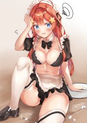 Rule 34 | 1girl, absurdres, ahoge, alternate costume, bikini, black bow, black bowtie, black footwear, black skirt, blue eyes, blush, bow, bowtie, breasts, brown background, collarbone, commentary request, detached collar, enmaided, glass, go-toubun no hanayome, gradient background, hair ornament, hand up, highres, huge filesize, ice, ice cube, large breasts, long hair, looking at viewer, maid, maid bikini, maid headdress, nakano itsuki, navel, open mouth, puffy short sleeves, puffy sleeves, red hair, shizuku (shizukusushi), shoes, short sleeves, sitting, skirt, solo, star (symbol), star hair ornament, swimsuit, thighhighs, thighs, tray, unconventional maid, white thighhighs