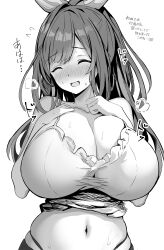 Rule 34 | 1girl, absurdres, alternate breast size, blush, bow hairband, breasts, cleavage, closed eyes, hairband, highres, huge breasts, idolmaster, idolmaster shiny colors, long hair, metsu end, monochrome, navel, ponytail, solo, sweat, swept bangs, tsukioka kogane, white background