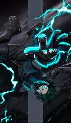 Rule 34 | 1boy, alternate eye color, artist name, badge, belt, black belt, black bodysuit, black footwear, black gloves, blue eyes, blue gloves, bodysuit, boku no hero academia, bright pupils, buckle, city, clenched hand, covered mouth, curly hair, electricity, floating clothes, floating hair, foreshortening, freckles, full body, full cowling (boku no hero academia), furrowed brow, gloves, glowing, glowing clothes, glowing eyes, green hair, highres, knee up, looking at viewer, looking to the side, male focus, midair, midoriya izuku, night, official alternate costume, open hand, outdoors, outstretched arms, outstretched hand, overcast, rectangle, reflection, seoltang (nitro sugar), serious, short hair, sky, snap-fit buckle, solo, spread arms, suspension bridge, turning head, upside-down, v-shaped eyebrows, white pupils