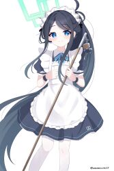 Rule 34 | &lt;key&gt; (robot) (blue archive), 1girl, absurdres, apron, aris (blue archive), aris (maid) (blue archive), asamicchi17, black hair, blue archive, blue eyes, blue pupils, blush, broom, closed mouth, commentary request, green halo, halo, highres, holding, holding broom, long hair, maid, maid apron, maid headdress, official alternate costume, pantyhose, ponytail, puffy short sleeves, puffy sleeves, short sleeves, simple background, smile, solo, standing, very long hair, white apron, white background, white pantyhose