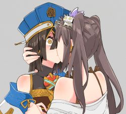 Rule 34 | 2girls, bare shoulders, black gloves, black hair, blue headwear, blush, breasts, brown hair, chinese clothes, yu mei-ren (fate), earrings, fate/grand order, fate (series), fingerless gloves, gem, gloves, grey background, hair between eyes, hair ornament, hair over one eye, hair stick, holding hands, highres, jewelry, kiss, long sleeves, looking to the side, medium hair, mole, mole under eye, multiple girls, naosuke (morioka shachuu), simple background, small breasts, straight hair, surprise kiss, surprised, tassel, twintails, upper body, wide sleeves, xu fu (fate), yellow eyes, yu mei-ren (swimsuit lancer) (fate), yuri