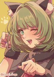 1girl animal_ear_fluff animal_ears ascot black_collar black_shirt black_wrist_cuffs cat_ears chagi_chage collar commentary fake_animal_ears footprints fur_collar fur_wrist_cuffs green_eyes hands_up idolmaster idolmaster_cinderella_girls idolmaster_cinderella_girls_starlight_stage looking_at_viewer mole mole_under_eye nail_polish one_eye_closed open_mouth paw_pose pink_ascot portrait purple_nails shirt short_hair smile solo takagaki_kaede teeth twitter_username upper_teeth_only wrist_cuffs yellow_background