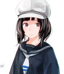 Rule 34 | 1girl, bad id, bad pixiv id, banishment, black sailor collar, black serafuku, black shirt, brown hair, closed mouth, commentary, english commentary, hat, long sleeves, looking at viewer, neckerchief, original, red eyes, sailor collar, school uniform, serafuku, shirt, short hair, signature, simple background, solo, upper body, white background, white hat, white neckerchief
