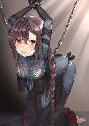 Rule 34 | 1girl, absurdres, anger vein, arm strap, arms up, black dress, black gloves, blush, bound, braid, braided ponytail, breasts, brown hair, center opening, chain, commission, cuffs, dress, elbow gloves, fate/grand order, fate (series), gloves, gradient background, grey dress, grey eyes, highres, kneeling, layered dress, leaning forward, light rays, long hair, long sleeves, medium breasts, open mouth, pixiv commission, restrained, ribbed dress, ribbon-trimmed dress, single braid, solo, torn clothes, torn dress, very long hair, yu mei-ren (fate), yu mei-ren (first ascension) (fate), yufou