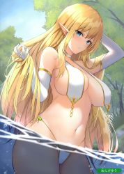 Rule 34 | 1girl, absurdres, anza tomo, arm up, artist name, blonde hair, blue eyes, breast curtains, breasts, choker, cowboy shot, day, elbow gloves, elf, gloves, hand in own hair, highres, large breasts, long hair, looking at viewer, melonbooks, navel, non-web source, outdoors, panties, parted lips, pointy ears, revealing clothes, scan, sidelocks, solo, string panties, underwear, very long hair, wading, white gloves, white panties