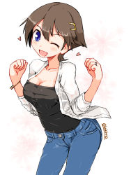 Rule 34 | 1girl, black shirt, black top, black tube top, blouse, blue eyes, breasts, brown hair, cleavage, cowboy shot, denim, flipped hair, hair between eyes, hair ornament, hairclip, hiei (kancolle), jeans, kanoe soushi, kantai collection, looking at viewer, pants, shirt, short hair, simple background, smile, solo, strapless, tube top, twitter username, white background, white shirt