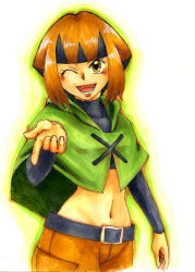 Rule 34 | 1girl, 2009, artist request, belt, belt buckle, black hair, blush, buckle, capelet, colored pencil (medium), cowboy shot, creatures (company), game freak, gardenia (pokemon), groin, multicolored hair, navel, nintendo, one eye closed, open mouth, orange hair, pointing, pokemon, pokemon dppt, short hair, shorts, sidelocks, smile, solo, traditional media, two-tone hair, undershirt, white background
