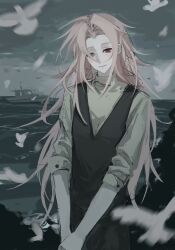 Rule 34 | 1boy, bird, black pants, black vest, boat, chinese commentary, closed mouth, commentary request, ge hei bushi mie wu zhanshi, hatsutori hajime, highres, long hair, looking at viewer, male focus, ocean, outdoors, own hands together, pale skin, pants, parted bangs, pink hair, red eyes, saibou shinkyoku, shirt, sketch, sleeves rolled up, smile, solo, vest, watercraft, yellow shirt
