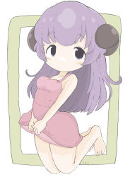 Rule 34 | 1girl, absurdres, bare arms, bare shoulders, barefoot, blush stickers, breasts, closed mouth, commentary request, dress, full body, green background, hanyuu, highres, higurashi no naku koro ni, horns, long hair, looking at viewer, medium breasts, pink dress, purple eyes, purple hair, rururu (pyrk8855), signature, sleeveless, sleeveless dress, solo, thick eyebrows, two-tone background, very long hair, white background