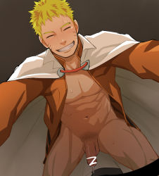 Rule 34 | 1boy, blonde hair, censored, cum, erection, closed eyes, facial mark, flaccid, itto (mentaiko), male focus, naruto, naruto (series), nipples, pectorals, penis, solo, spiked hair, sweat, tagme, thighs, topless male, whisker markings