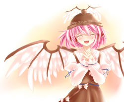 Rule 34 | 1girl, bad id, bad pixiv id, baocaiwangfei, blush, closed eyes, female focus, gradient background, happy, hat, mystia lorelei, pink hair, smile, solo, standing, touhou, white background, wings