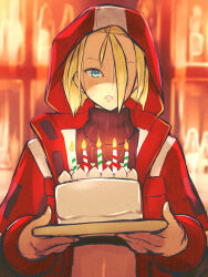 Rule 34 | 1girl, birthday cake, blonde hair, blue eyes, blurry, blurry background, blush, cake, cammy white, candle, food, hair between eyes, highres, holding, holding cake, holding food, hood, hood up, jacket, red jacket, short hair, solo, street fighter, street fighter 6, upper body, yuenibushi