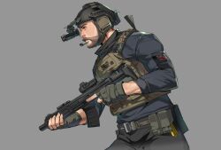 Rule 34 | 1boy, ammunition pouch, assault rifle, beard, belt, belt pouch, black belt, black hair, black headwear, black pants, black shirt, call of duty, call of duty: modern warfare 2, captain price, chin strap, closed mouth, collared shirt, combat helmet, commentary request, coni0771, cowboy shot, facial hair, fingerless gloves, from side, gloves, grey background, grey belt, grey gloves, gun, helmet, highres, holding, holding gun, holding weapon, korean commentary, load bearing vest, looking ahead, magazine (weapon), male focus, mature male, military operator, night vision device, nose, optical sight, pants, patch, bulletproof vest, pocket, pouch, profile, rifle, shirt, shirt tucked in, short hair, shoulder patch, simple background, solo, special air service, tactical clothes, trigger discipline, union jack, utility belt, weapon