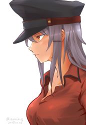 Rule 34 | 1girl, breasts, closed mouth, dated, gangut (kancolle), grey hair, hat, izumikuma, kantai collection, large breasts, long hair, military, military hat, one-hour drawing challenge, orange eyes, peaked cap, red shirt, shirt, simple background, twitter username, white background