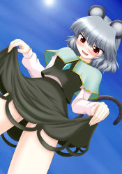 Rule 34 | 1girl, animal ears, blush, bococho, brown eyes, clothes lift, female focus, gradient background, grey hair, mouse ears, mouse tail, nazrin, outdoors, skirt, skirt hold, skirt lift, sky, solo, tail, touhou