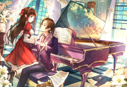 Rule 34 | 1boy, 1girl, arm around waist, bad id, bad pixiv id, bench, black footwear, black pants, blue eyes, bow, brown hair, checkered floor, clock, cloud, commentary, corset, curtains, dress, dutch angle, eye contact, flower, formal, frilled dress, frills, grand piano, green eyes, hair bow, hairband, half updo, hand on another&#039;s shoulder, hetero, high heels, holding hands, indoors, instrument, jacket, kneeling, layered sleeves, light particles, light rays, lily (flower), long hair, long sleeves, looking at another, neck ribbon, necktie, original, painting (object), pants, piano, piano bench, pierorabu, plant, potted plant, purple eyes, purple jacket, red dress, ribbon, sheet music, shoes, short hair, short over long sleeves, short sleeves, sidelocks, sitting, sky, suit, sunlight, underbust, vase, wall clock, watermark, wind, window