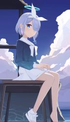 Rule 34 | 1girl, absurdres, arona (blue archive), blue archive, blue eyes, blue hair, blue skirt, braid, choker, cloud, cloudy sky, commentary request, desk, from side, hair over one eye, hairband, halo, highres, long sleeves, looking at viewer, looking to the side, pleated skirt, school desk, school uniform, serafuku, shasha (shasha159357), shoes, short hair, sidelocks, single braid, sitting, skirt, sky, smile, sneakers, solo