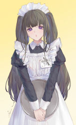 Rule 34 | 1girl, apron, black dress, black hair, blunt bangs, blush, commentary request, cowboy shot, dress, gradient background, highres, holding, holding tray, io (io oekaki), juliet sleeves, long hair, long sleeves, looking at viewer, maid, maid apron, maid headdress, name tag, open mouth, original, own hands together, puffy sleeves, purple eyes, solo, tray, twintails, very long hair, yellow background