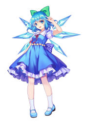 Rule 34 | 1girl, blue dress, blue eyes, blue hair, cirno, dress, frilled dress, frills, full body, hair ribbon, ice, ice wings, kneehighs, looking at viewer, mary janes, matching hair/eyes, mirror (xilu4), open mouth, puffy sleeves, ribbon, shoes, short hair, short sleeves, simple background, smile, socks, solo, tachi-e, touhou, v, white background, white socks, wings