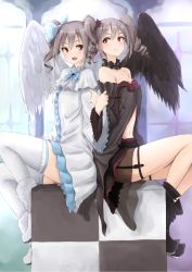 Rule 34 | 10s, 1girl, alternate color, angel wings, bare shoulders, dress, drill hair, dual persona, highres, idolmaster, idolmaster cinderella girls, kanzaki ranko, long hair, open mouth, red eyes, rucchiifu, silver hair, smile, thighhighs, twin drills, twintails, wings
