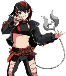 1girl absurdres black_hair black_jacket black_pants black_sports_bra blue_eyes breasts chain commentary_request cross-laced_pants demon_girl demon_horns demon_tail ear_piercing feet_out_of_frame grin highres holding holding_microphone horns jacket large_breasts looking_at_viewer maki-kun microphone midriff multicolored_hair nanashi_inc. navel open_clothes open_jacket pants piercing pointy_ears red_hair red_sports_bra ryugasaki_rene ryugasaki_rene_(1st_costume) short_hair simple_background smile solo sports_bra sugar_lyric tail transparent_background two-tone_hair underboob v-shaped_eyebrows virtual_youtuber zipper