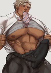 Rule 34 | 1boy, abs, bara, bulge, clothes lift, erection, erection under clothes, male focus, marototori, muscular, naughty face, necktie, pectorals, shirt lift, smile, solo, unbuttoned, undressing