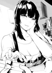 Rule 34 | 1girl, absurdres, coffee maker, collarbone, greyscale, hand on own face, happy birthday, highres, indoors, long hair, looking at viewer, lynus, monochrome, naoko-san, original, parted lips, pov, smile, solo