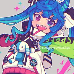 Rule 34 | 1girl, @ @, ahoge, animal ears, animal hood, aqua hair, blue eyes, blue hair, clothes writing, coat, commentary, drawstring, grey background, heterochromia, hood, hood down, hooded coat, horse ears, horse girl, long hair, long sleeves, looking at viewer, messy hair, multicolored coat, multicolored hair, nayommaise, open mouth, outstretched arms, purple eyes, rabbit hood, sharp teeth, sidelocks, simple background, smile, solo, sparkle, sparkling eyes, spread arms, teeth, twin turbo (umamusume), twintails, twitter username, two-tone hair, umamusume, upper body