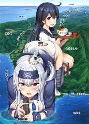 Rule 34 | 10s, 2girls, ahoge, ainu clothes, ass, bad id, bad twitter id, bandages, black hair, blue eyes, blue jacket, blue legwear, blush, breasts, brown eyes, chopsticks, cityscape, collarbone, cropped jacket, dress, eating, folded ponytail, giant, giantess, hair between eyes, holding, holding tray, huge giantess, ichikawa feesu, jacket, kamoi (kancolle), kantai collection, large breasts, long hair, looking at viewer, map, medium breasts, mountain, multiple girls, ocean, open mouth, panties, school uniform, serafuku, sexually suggestive, ship, silver hair, skindentation, sleeveless, sleeveless dress, straight hair, thick eyebrows, thighhighs, translation request, tray, underwear, ushio (kancolle), water, watercraft, white dress, white panties