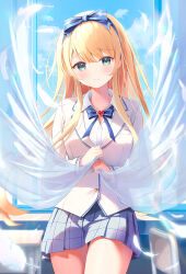 Rule 34 | 1girl, absurdres, blazer, blonde hair, blue eyes, blue skirt, blue sky, blush, bow, chair, closed mouth, cloud, commentary request, curtain grab, curtains, day, desk, emu alice, feathers, fujinomiya rio, hair bow, highres, jacket, liver city, long hair, looking at viewer, pleated skirt, school chair, school desk, school uniform, shirt, sidelocks, skirt, sky, solo, uniform, white jacket, white shirt, window