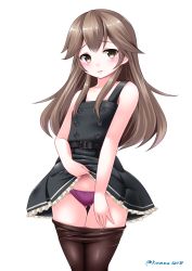 Rule 34 | 1girl, arashio (kancolle), blush, brown eyes, brown hair, brown pantyhose, clothes lift, clothes pull, dress, dress lift, embarrassed, frilled dress, frills, highres, kantai collection, kaze makase, lifted by self, long hair, looking at viewer, open mouth, panties, pantyhose, pantyhose pull, pinafore dress, purple panties, remodel (kantai collection), skirt, sleeveless dress, solo, underwear