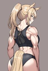 Rule 34 | absurdres, animal ear fluff, animal ears, arknights, ass, black shorts, black tank top, blonde hair, breasts, brown eyes, cowboy shot, from behind, grey background, gym shorts, highres, horse ears, horse girl, horse tail, large breasts, muscular, muscular female, myown, nearl (arknights), nearl the radiant knight (arknights), ponytail, shorts, tail, tank top