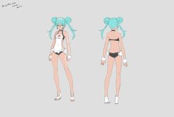 Rule 34 | 2girls, aqua eyes, aqua hair, bare arms, bare legs, bare shoulders, character name, character sheet, clenched hands, copyright name, double bun, flame print, flat color, goodsmile racing, grey background, hair between eyes, hair bun, hatsune miku, multiple girls, multiple views, neco, racing miku, racing miku (2022), sidelocks, simple background, standing, tan, turnaround, twintails, vocaloid, wrist cuffs