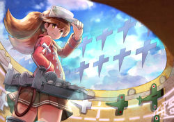 Rule 34 | &gt;:3, 10s, 1girl, :3, absurdres, blue sky, brown eyes, brown hair, cloud, cloudy sky, commentary request, cowboy shot, day, flat chest, hand on own hip, hat tip, highres, japanese clothes, kantai collection, kariginu, long hair, long sleeves, looking at viewer, looking back, magatama, miniskirt, okitsugu, onmyouji, outdoors, pleated skirt, ryuujou (kancolle), scroll, shikigami, skirt, sky, smile, solo, standing, twintails, v-shaped eyebrows, visor cap
