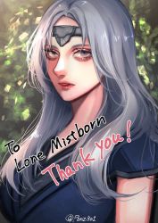 Rule 34 | 1girl, blue shirt, breasts, commentary, commission, english commentary, grey eyes, grey hair, grey headband, headband, long hair, looking at viewer, medium breasts, original, parted bangs, parted lips, portrait, shirt, skeb commission, solo, tama (ponz3o1), twitter username