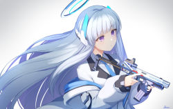 Rule 34 | 1girl, basa rutan, blue archive, blue necktie, blunt bangs, closed mouth, collared shirt, commentary request, floating hair, gradient background, grey background, grey hair, gun, halo, headgear, holding, holding gun, holding weapon, jacket, long hair, long sleeves, looking away, necktie, noa (blue archive), off shoulder, open clothes, open jacket, puffy long sleeves, puffy sleeves, purple eyes, shirt, signature, sleeves past wrists, solo, very long hair, weapon, white jacket, white shirt