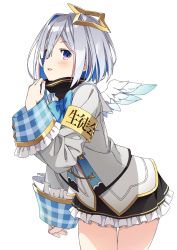 Rule 34 | 1girl, adjusting collar, amane kanata, amane kanata (1st costume), angel wings, armband, black skirt, blue bow, blue bowtie, blush, bob cut, bow, bowtie, colored inner hair, cowboy shot, eyes visible through hair, frilled skirt, frills, grey jacket, hair between eyes, halo, highres, hololive, jacket, kanzaki hiro, leaning forward, long sleeves, looking at viewer, mini wings, miniskirt, multicolored hair, open mouth, purple eyes, short hair, silver hair, simple background, single hair intake, skirt, smile, solo, star halo, thighs, turtleneck, virtual youtuber, white background, wide sleeves, wings