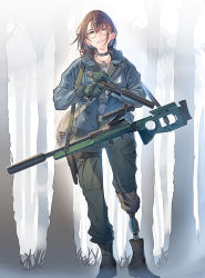 Rule 34 | 1girl, ammunition, amputee, bolt action, boots, brown hair, bullet, daito, forest, glasses, gloves, gun, handgun, handgun cartridge, highres, holding, holding gun, holding weapon, jacket, looking at viewer, mp-443 grach, nature, original, pistol, pistol cartridge, pouch, prosthesis, prosthetic leg, reloading, rifle, scope, sniper rifle, solo, strap, suppressor, sv-98, weapon