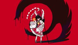 Rule 34 | 1girl, absurdres, ascot, black hair, blunt bangs, bow, detached sleeves, different shadow, floating clothes, floating hair, frilled bow, frilled skirt, frills, full body, gohei, grey footwear, hair bow, hair tubes, hakurei reimu, hand up, highres, holding, huge bow, long hair, long sleeves, looking away, looking to the side, neruzou, nontraditional miko, ofuda, parted lips, paw print, paw print pattern, ponytail, print skirt, red background, red bow, red eyes, red ribbon, red skirt, red vest, ribbon, ribbon-trimmed sleeves, ribbon trim, shadow, shoes, sidelocks, simple background, skirt, skirt set, socks, solo, standing, touhou, vest, white sleeves, white socks, wide sleeves, wily beast and weakest creature, yellow ascot
