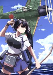 Rule 34 | 10s, 1girl, a6m zero, absurdres, aircraft, airplane, armor, arrow (projectile), black hair, bow, bow (weapon), breastplate, cloud, day, flight deck, flying, gloves, highres, hip vent, kaga (kancolle), kantai collection, kouno ibuki, long hair, mitsubishi a7m reppuu, ocean, pilot, propeller, radio antenna, side ponytail, single glove, sky, solo, thighhighs, vehicle focus, weapon, yellow eyes, zettai ryouiki