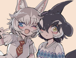 Rule 34 | 2girls, ;d, absurdres, animal ear fluff, animal ears, black hair, blue eyes, blush, cheek-to-cheek, collared shirt, dog (mixed breed) (kemono friends), dog ears, dorsal fin, fins, gloves, grey hair, hair over one eye, hand up, head fins, heads together, highres, kanmoku-san, kemono friends, long bangs, looking at viewer, medium hair, multicolored hair, multiple girls, necktie, one eye closed, open mouth, orca (kemono friends), parted lips, shirt, short sleeves, simple background, smile, sweater, two-tone hair, upper body, v, yellow eyes