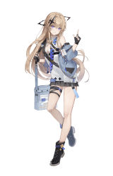 Rule 34 | 1girl, absurdres, arknights, bag, bare shoulders, black footwear, black gloves, black skirt, breasts, brown hair, commentary request, ercian, fingerless gloves, full body, gloves, grey jacket, hair between eyes, highres, indigo (arknights), jacket, long hair, long sleeves, looking at viewer, off shoulder, open clothes, open jacket, parted lips, pleated skirt, purple eyes, shirt, shoes, shoulder bag, simple background, skirt, sleeveless, sleeveless shirt, small breasts, smile, solo, standing, very long hair, white background, white shirt