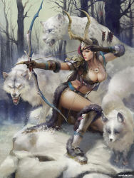 Rule 34 | 1girl, armor, armored boots, arrow (projectile), bare tree, black hair, boots, bow (weapon), breasts, brown gloves, brown hair, cleavage, closed mouth, drawing bow, fur trim, gloves, green eyes, holding, holding bow (weapon), holding weapon, horns, image sample, index finger raised, jewelry, kneeling, large breasts, lian-oxan studio, long hair, necklace, on one knee, original, outdoors, outstretched arm, quiver, realistic, snow, tree, weapon, wolf