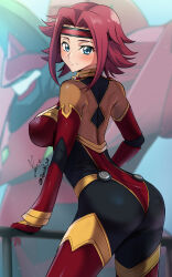 Rule 34 | 1girl, absurdres, ass, blue eyes, blush, bodysuit, breasts, character request, check character, closed mouth, code geass, commentary, flipped hair, guren (code geass), guren mk-ii, hair intakes, hand on railing, headband, highres, knightmare frame, kouzuki kallen, large breasts, looking at viewer, mecha, multicolored bodysuit, multicolored clothes, pilot suit, red hair, red headband, robot, science fiction, short hair, signature, skin tight, smile, turning head, twitter username, yoo tenchi