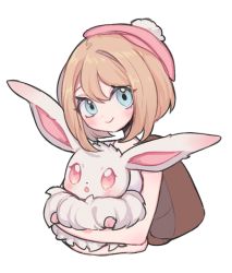 Rule 34 | 1girl, aliceyawnin, alternate color, alternate shiny pokemon, backpack, bag, beret, blonde hair, blue eyes, blush, breasts, carrying, claire (clarevoir), closed mouth, creatures (company), eevee, female focus, game freak, gen 1 pokemon, gloria (pokemon), happy, hat, looking at viewer, nintendo, open mouth, pink headwear, pokemon, pokemon (creature), pokemon swsh, red eyes, shirt, short hair, simple background, sleeveless, sleeveless shirt, small breasts, smile, upper body, white background, white shirt