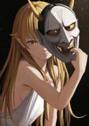 Rule 34 | 1girl, absurdres, blonde hair, breasts, closed mouth, dress, highres, holding, holding mask, long hair, looking at viewer, mask, monogatari (series), nemo ringo, oni mask, oshino shinobu, pointy ears, sideboob, small breasts, solo, white dress, yellow eyes