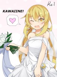Rule 34 | artist name, blonde hair, bouquet, bridal veil, crescent, crescent pin, dress, etsuransha no rei, flower, heart, highres, jewelry, kantai collection, long hair, looking at viewer, one eye closed, ring, satsuki (kancolle), simple background, smile, spoken heart, twintails, veil, wedding dress, wedding ring, yellow eyes