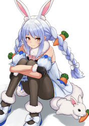 Rule 34 | 1girl, absurdres, animal ear fluff, animal ears, black gloves, black pantyhose, blue hair, blush, bow, braid, bridal garter, brown eyes, carrot, commentary, crossed arms, detached sleeves, don-chan (usada pekora), food, gloves, hair bow, highres, hk (haruka 210), hololive, knees together feet apart, long hair, looking at viewer, mouth hold, multicolored hair, pantyhose, rabbit, rabbit ears, rabbit girl, shoes, short sleeves, silhouette, sitting, symbol-only commentary, thick eyebrows, twin braids, two-tone hair, usada pekora, usada pekora (1st costume), virtual youtuber, white bow, white hair