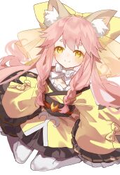 Rule 34 | 1girl, animal ear fluff, animal ears, blush, commentary request, fate/samurai remnant, fate (series), fox ears, fox girl, highres, japanese clothes, kimono, long hair, looking at viewer, nemosk3o, pantyhose, pink hair, short eyebrows, simple background, sitting, sketch, sleeves past fingers, sleeves past wrists, smile, solo, tamamo (fate), tamamo aria (fate), wariza, white background, white pantyhose, yellow eyes, yellow kimono