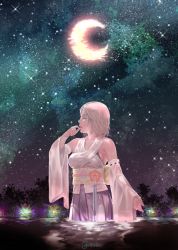 Rule 34 | 1girl, artist name, brown hair, collarbone, crescent moon, detached sleeves, closed eyes, final fantasy, final fantasy x, finger to mouth, moon, nexeee, night, night sky, obi, parted lips, partially submerged, sash, short hair, sky, solo, star (sky), starry sky, twitter username, wading, wet, wet clothes, wet hair, wide sleeves, yuna